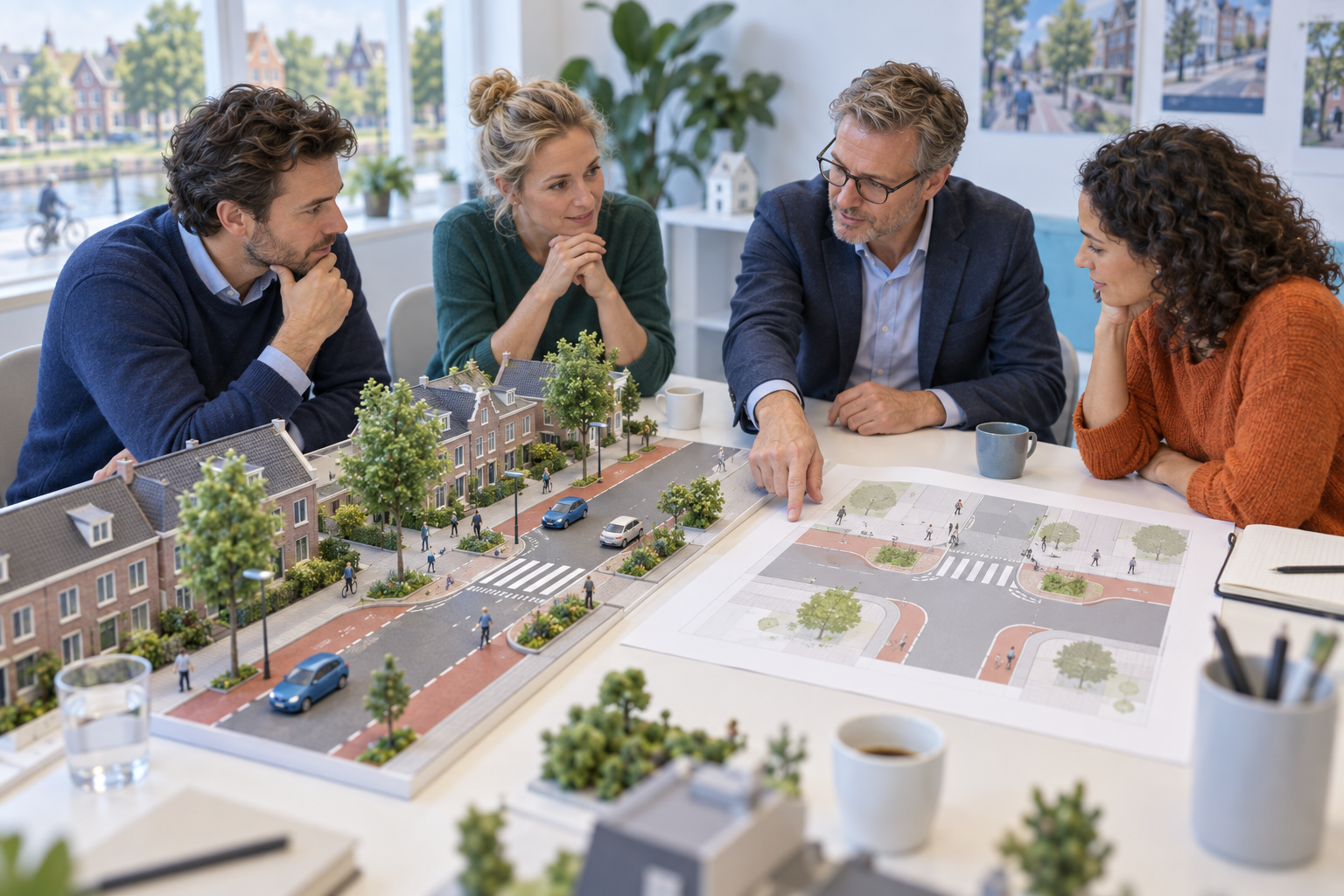 Illustratie van bewoners en verkeerskundigen die samen een voorstel voor een veilige oversteek bespreken.