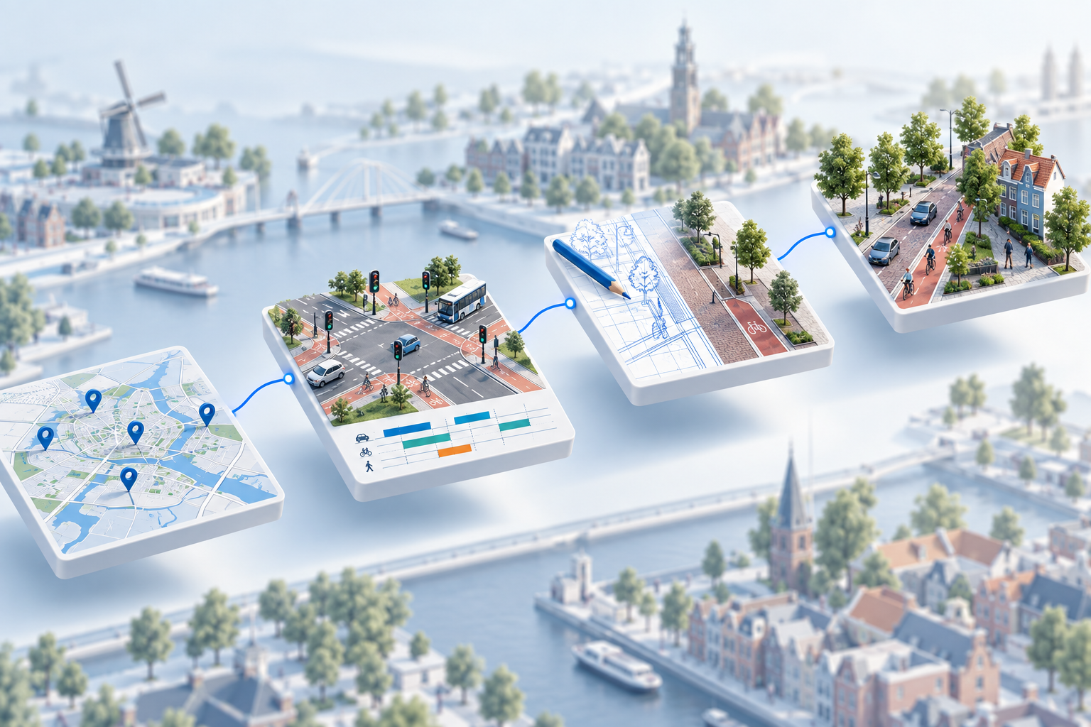 Conceptillustratie van vier verbonden stappen: locatie kiezen, verkeerslichten analyseren, een maatregel ontwerpen en uitvoeren.