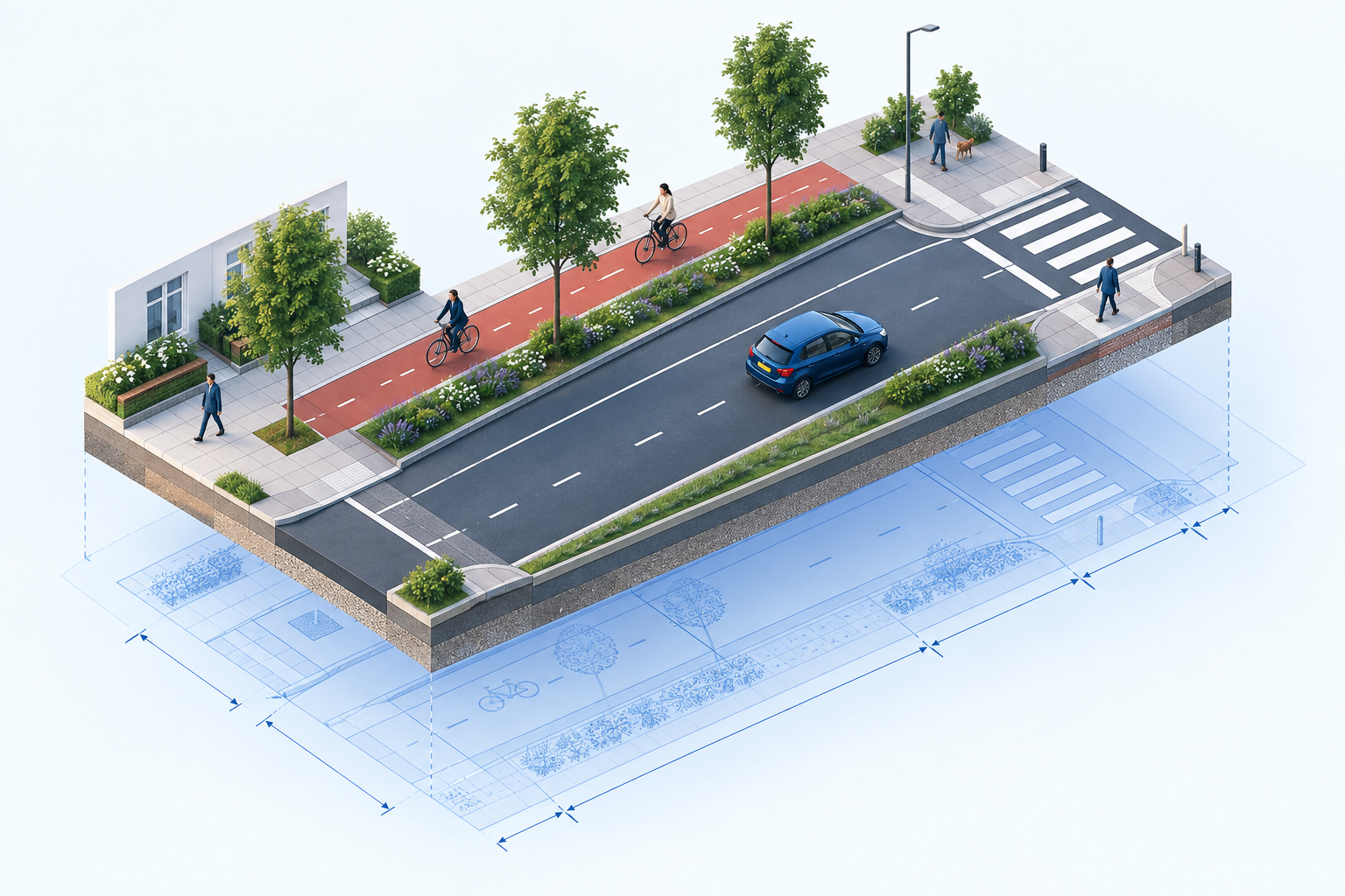 Conceptillustratie van een wegprofiel met rijbanen, fietspad, groen en voetpaden boven een ontwerptekening.