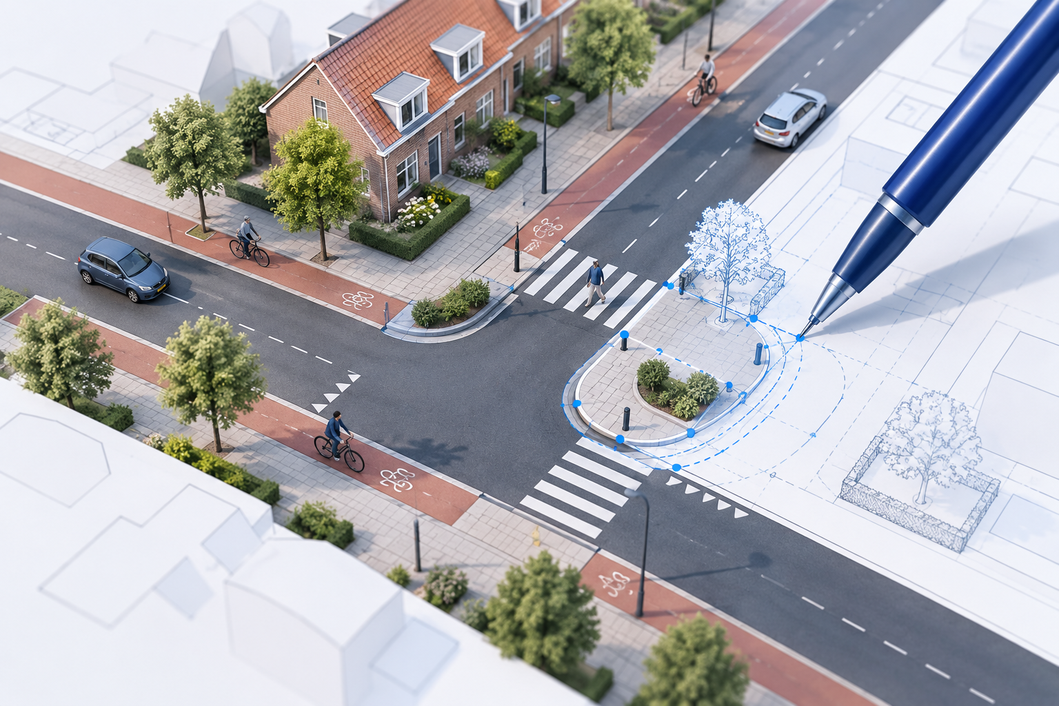 Conceptillustratie: een straatidee groeit vanuit een schets uit tot een concreet voorstel voor een oversteek.